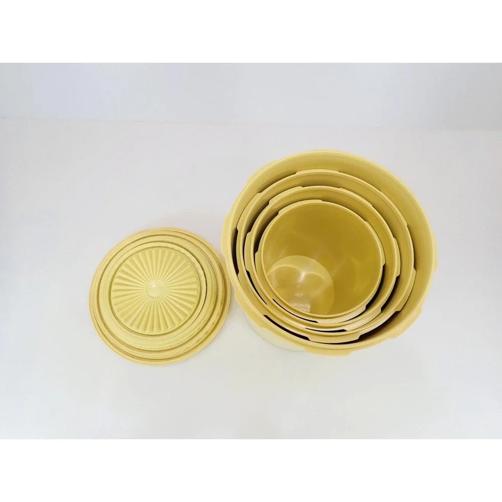 Vintage Tupperware Yellow Servalier Nesting Canister Set 4 Sunburst Starburst Li